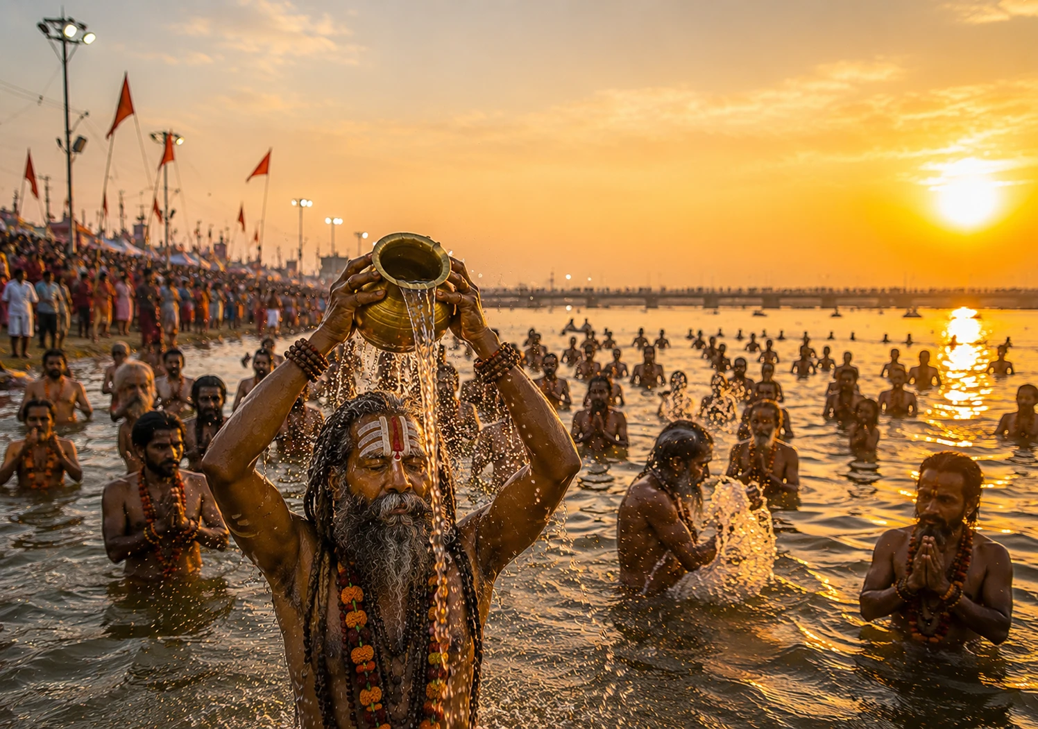कुंभ मेले के शाही स्नान का भव्य और आध्यात्मिक दृश्य