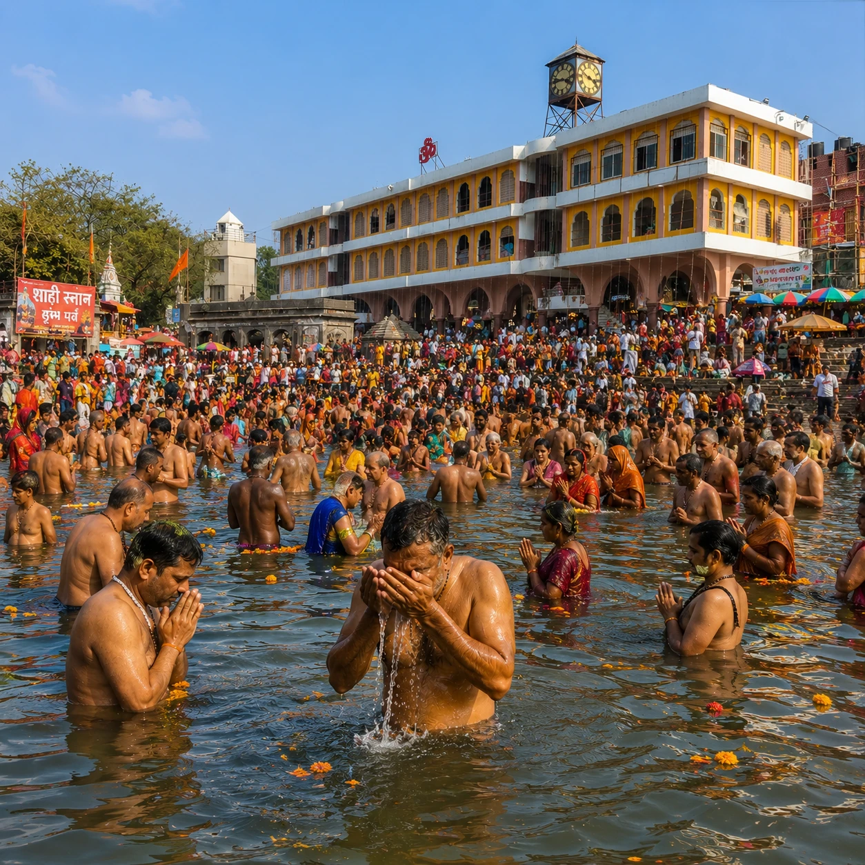 गोदावरी नदी में सिंहस्थ कुंभ के पवित्र स्नान पर्व और आध्यात्मिक वातावरण का मनोहारी दृश्य