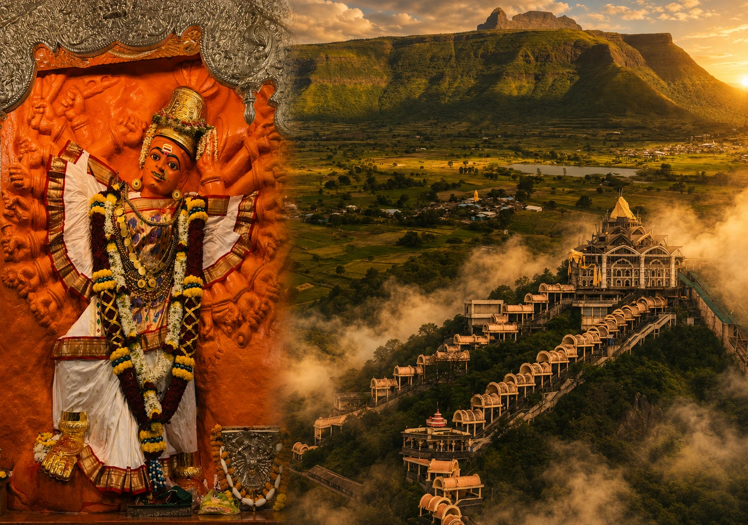 महाराष्ट्र के प्रमुख शक्तिपीठ सप्तशृंगी देवी मंदिर का दिव्य और भव्य दृश्य