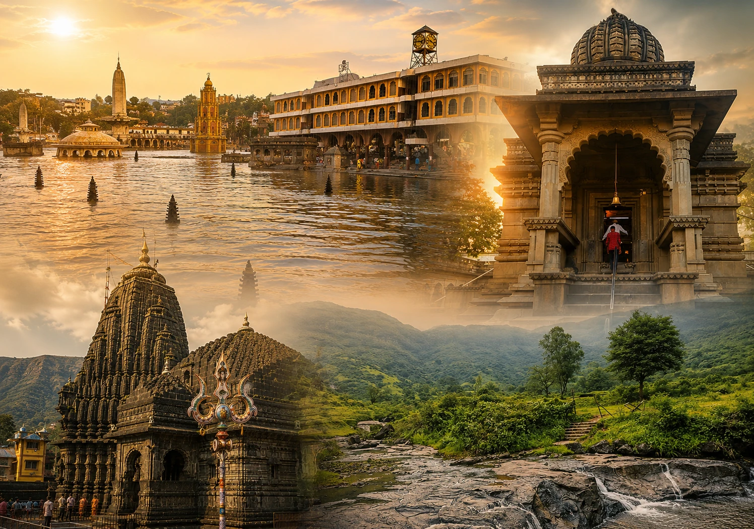 पंचवटी, गोदावरी, त्र्यंबकेश्वर और सिंहस्थ कुंभ की दिव्य आध्यात्मिक यात्रा का भव्य दृश्य