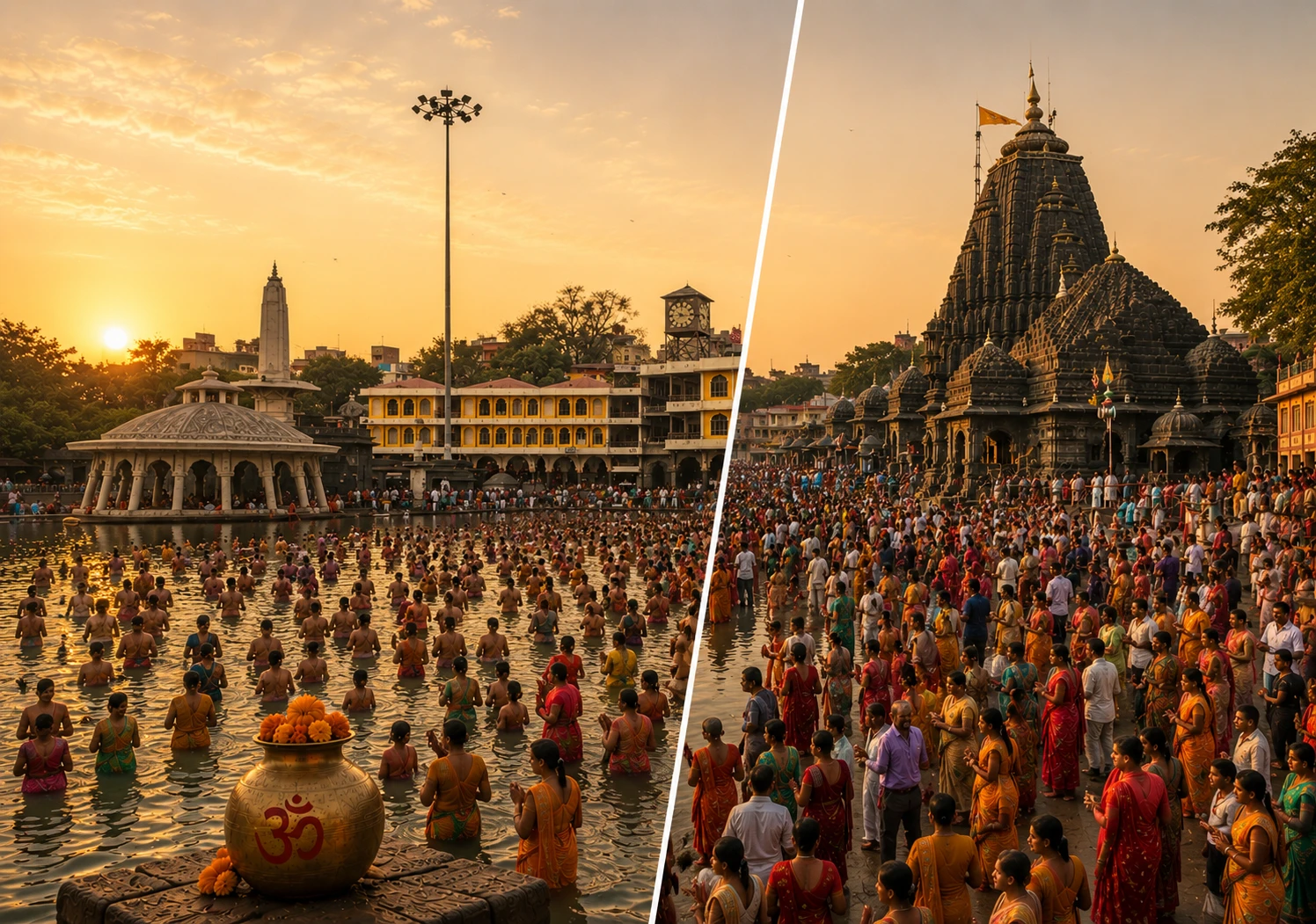 विश्व के सबसे बड़े धार्मिक समागम कुंभ मेले में श्रद्धालुओं का भव्य आध्यात्मिक दृश्य