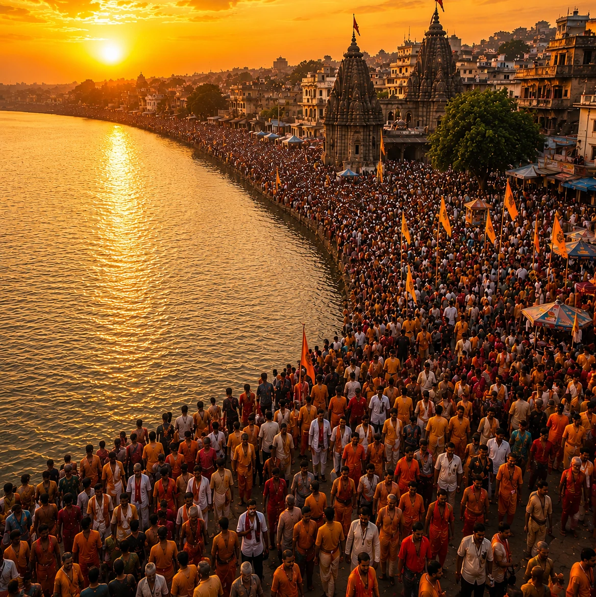 नासिक सिंहस्थ कुंभ में गोदावरी तट पर आयोजित विश्व के सबसे बड़े धार्मिक समागम का भव्य दृश्य